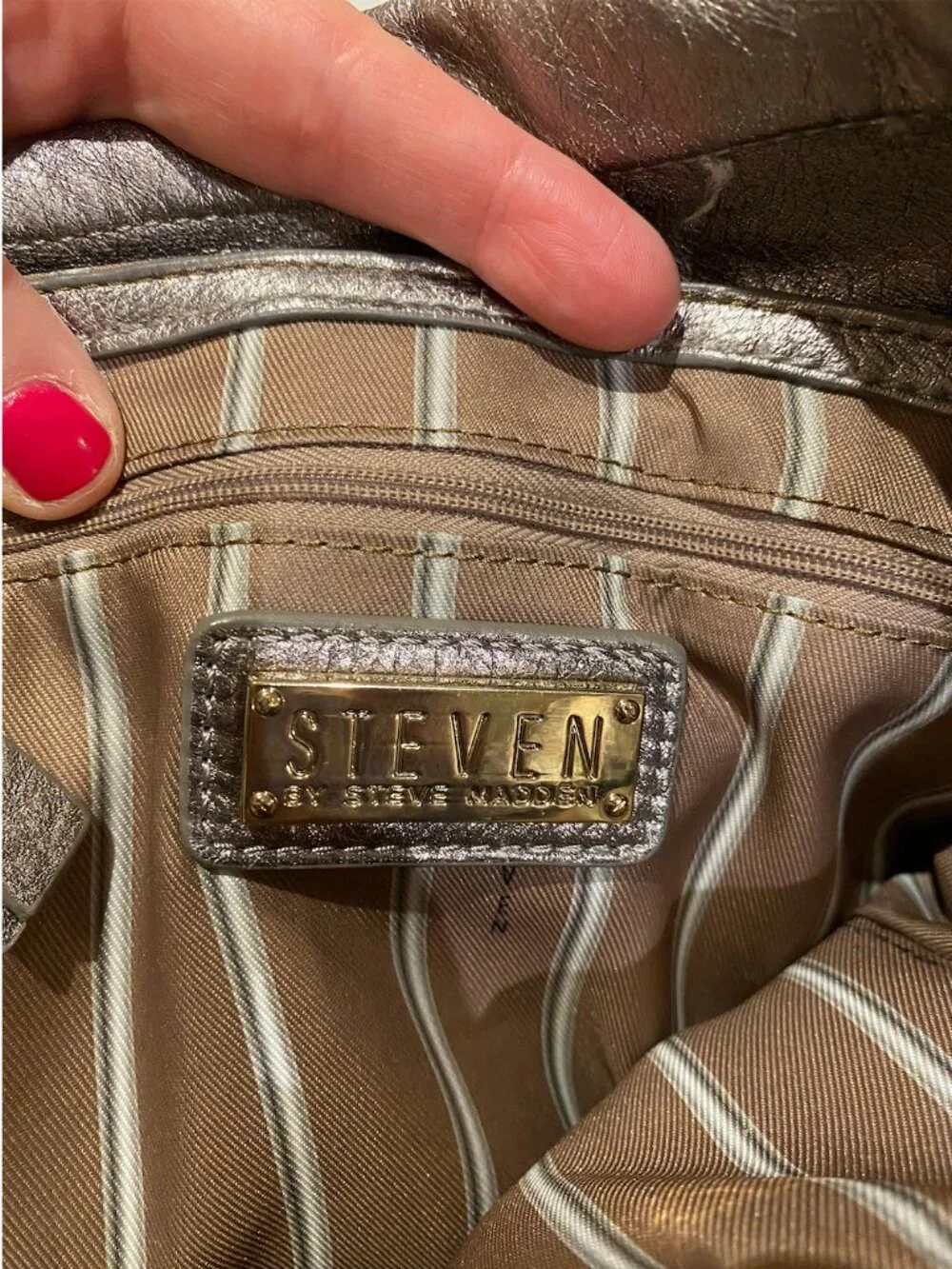 Steven by Steve Madden Silver Tote with striped interior